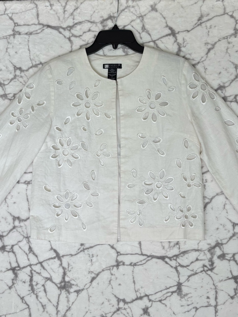 CAROLE LITTLE White Linen Shell Cropped Jacket Floral Eyelet Cut Outs Women’s S